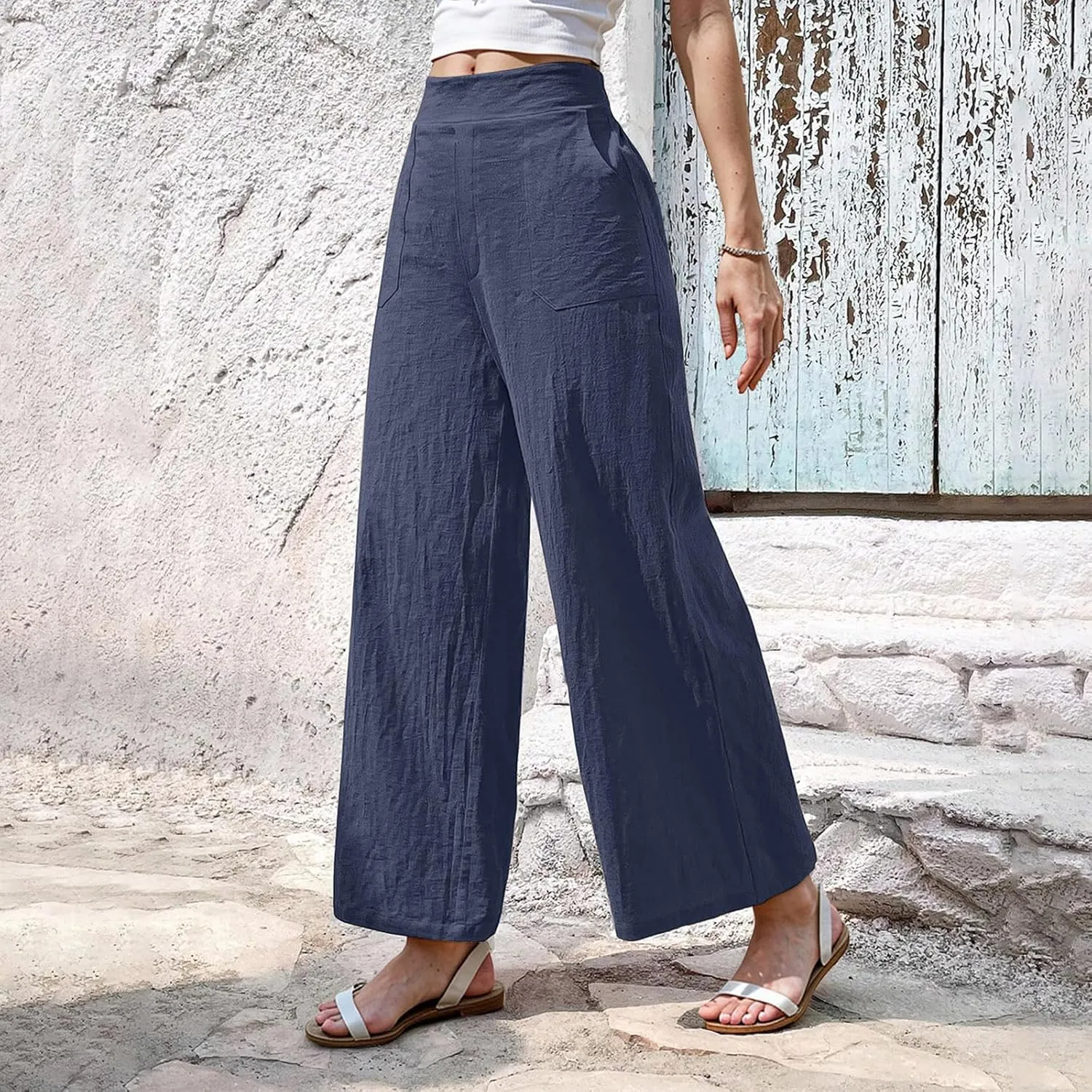 Women Linen Pants Summer Wide Leg Pants with Pockets Dressy Palazzo Pants Boho Flowy Beach Pants Dress Pants