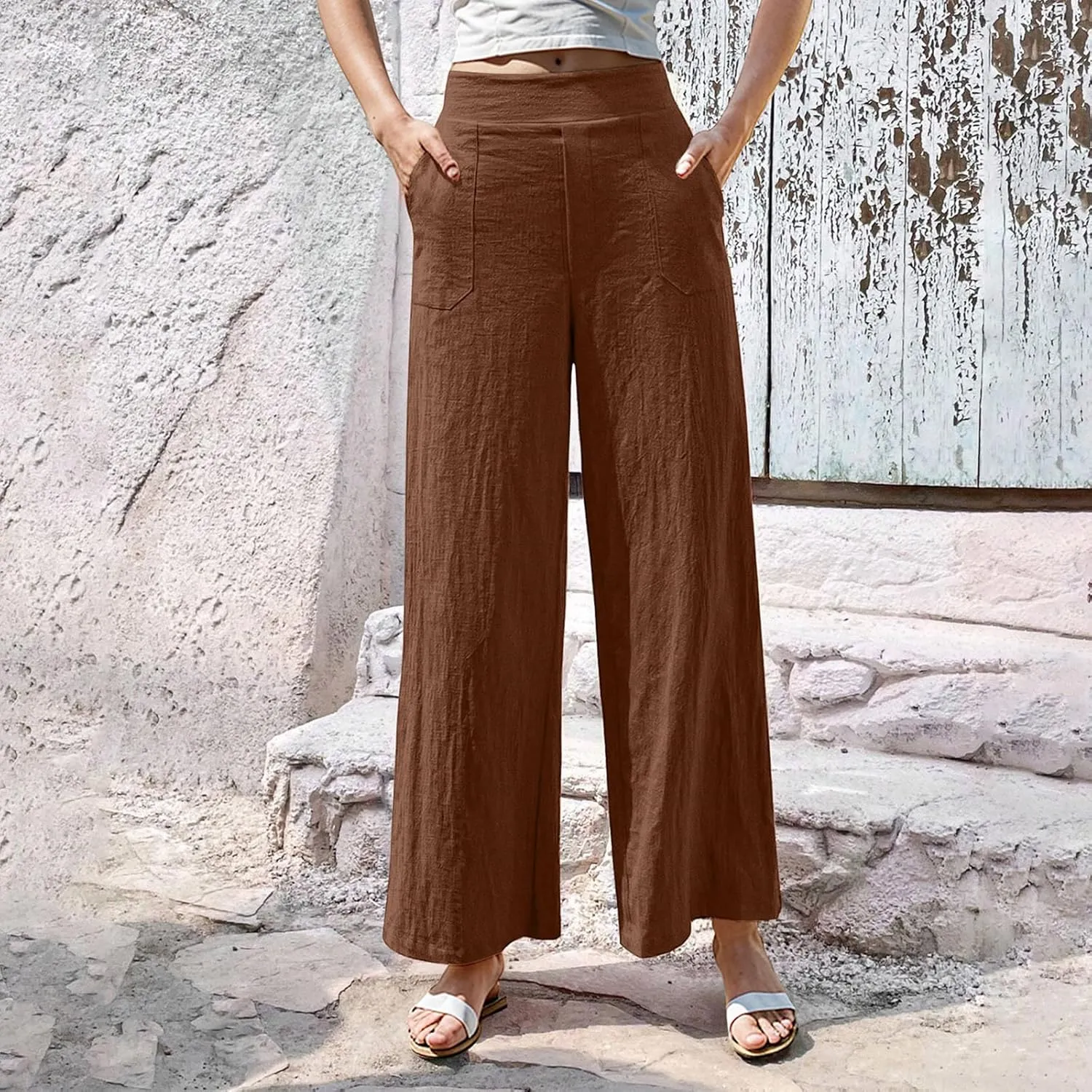 Women Linen Pants Summer Wide Leg Pants with Pockets Dressy Palazzo Pants Boho Flowy Beach Pants Dress Pants