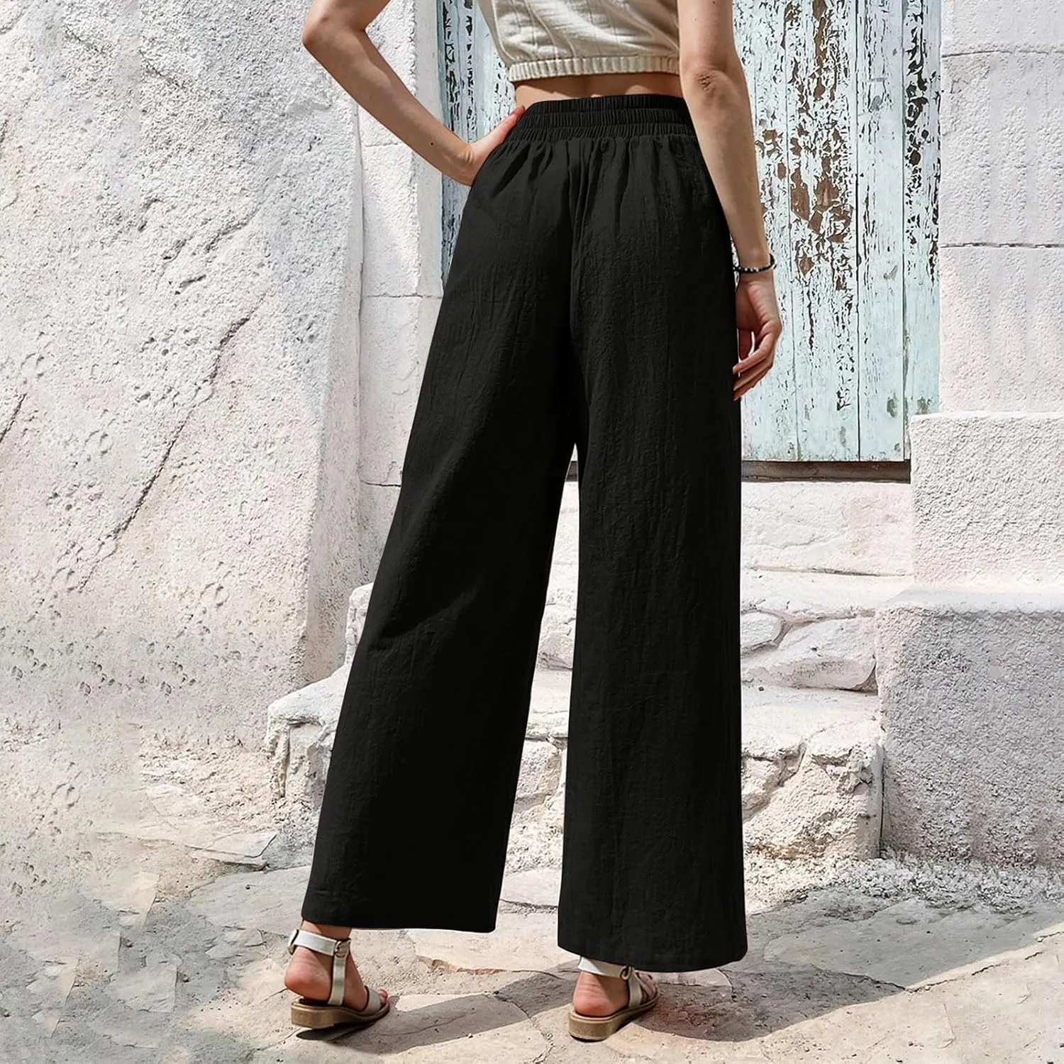 Women Linen Pants Summer Wide Leg Pants with Pockets Dressy Palazzo Pants Boho Flowy Beach Pants Dress Pants