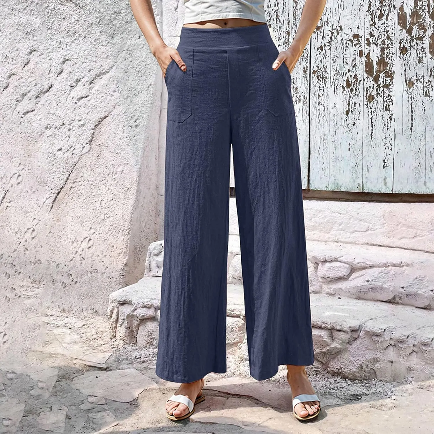 Women Linen Pants Summer Wide Leg Pants with Pockets Dressy Palazzo Pants Boho Flowy Beach Pants Dress Pants