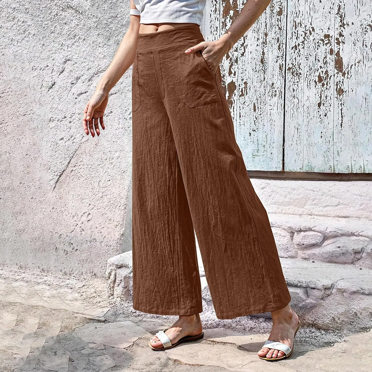 Women Linen Pants Summer Wide Leg Pants with Pockets Dressy Palazzo Pants Boho Flowy Beach Pants Dress Pants