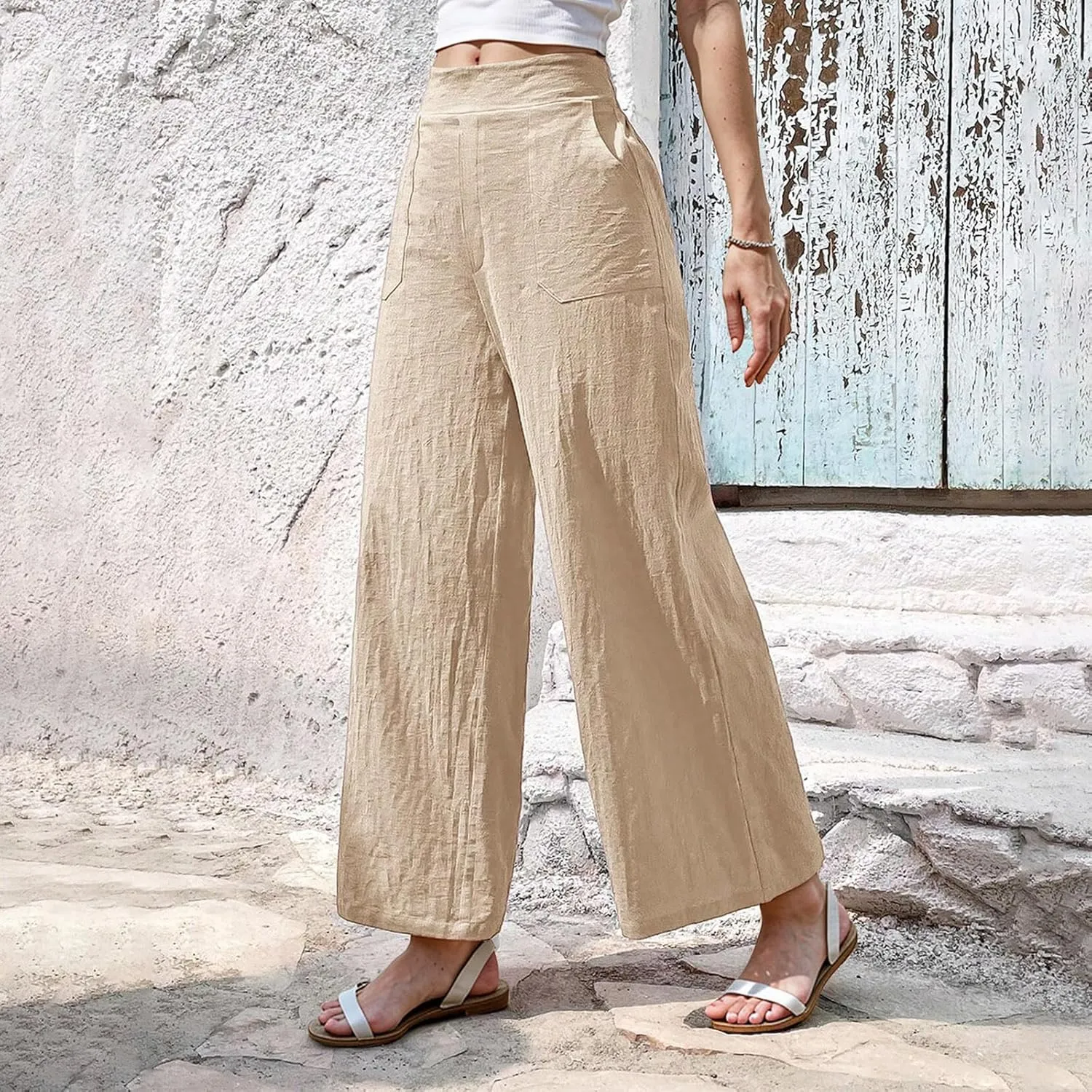 Women Linen Pants Summer Wide Leg Pants with Pockets Dressy Palazzo Pants Boho Flowy Beach Pants Dress Pants