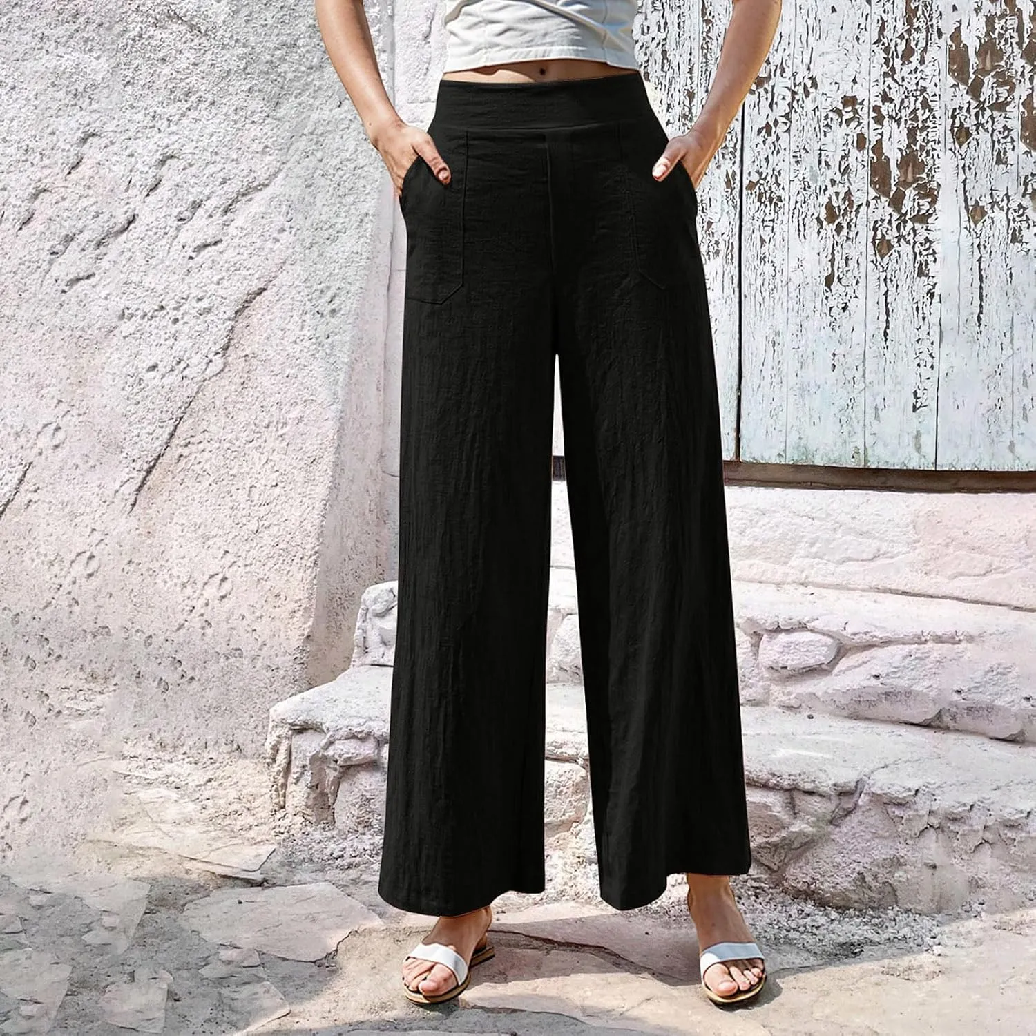 Women Linen Pants Summer Wide Leg Pants with Pockets Dressy Palazzo Pants Boho Flowy Beach Pants Dress Pants