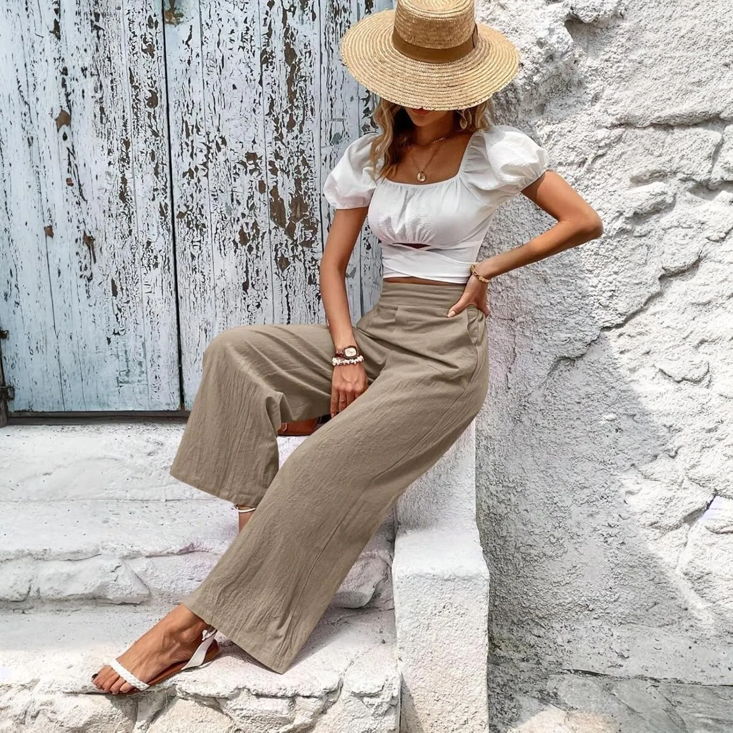 Women Linen Pants Summer Wide Leg Pants with Pockets Dressy Palazzo Pants Boho Flowy Beach Pants Dress Pants
