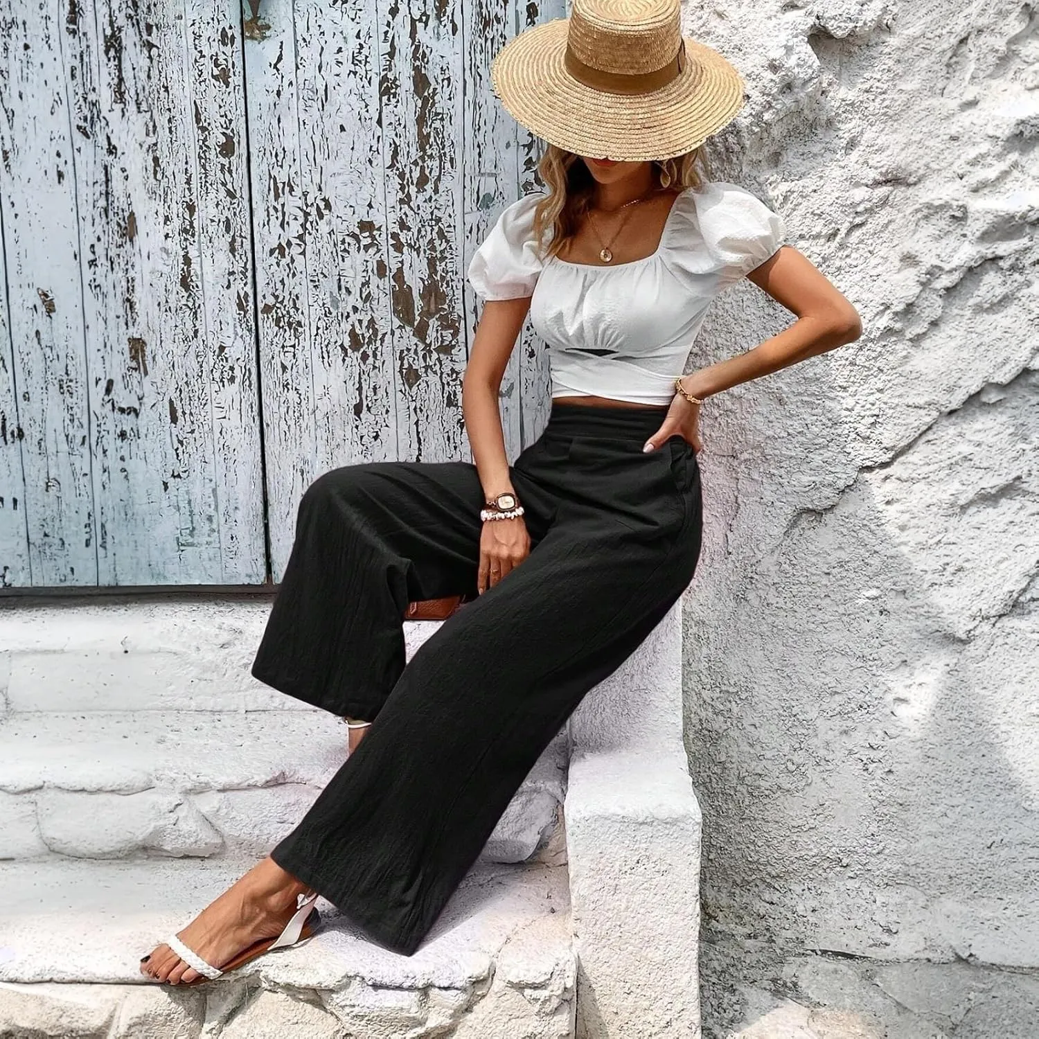 Women Linen Pants Summer Wide Leg Pants with Pockets Dressy Palazzo Pants Boho Flowy Beach Pants Dress Pants