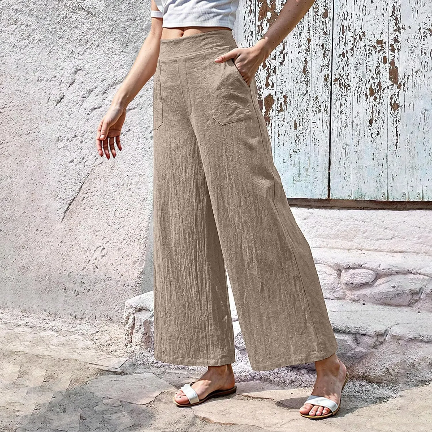 Women Linen Pants Summer Wide Leg Pants with Pockets Dressy Palazzo Pants Boho Flowy Beach Pants Dress Pants