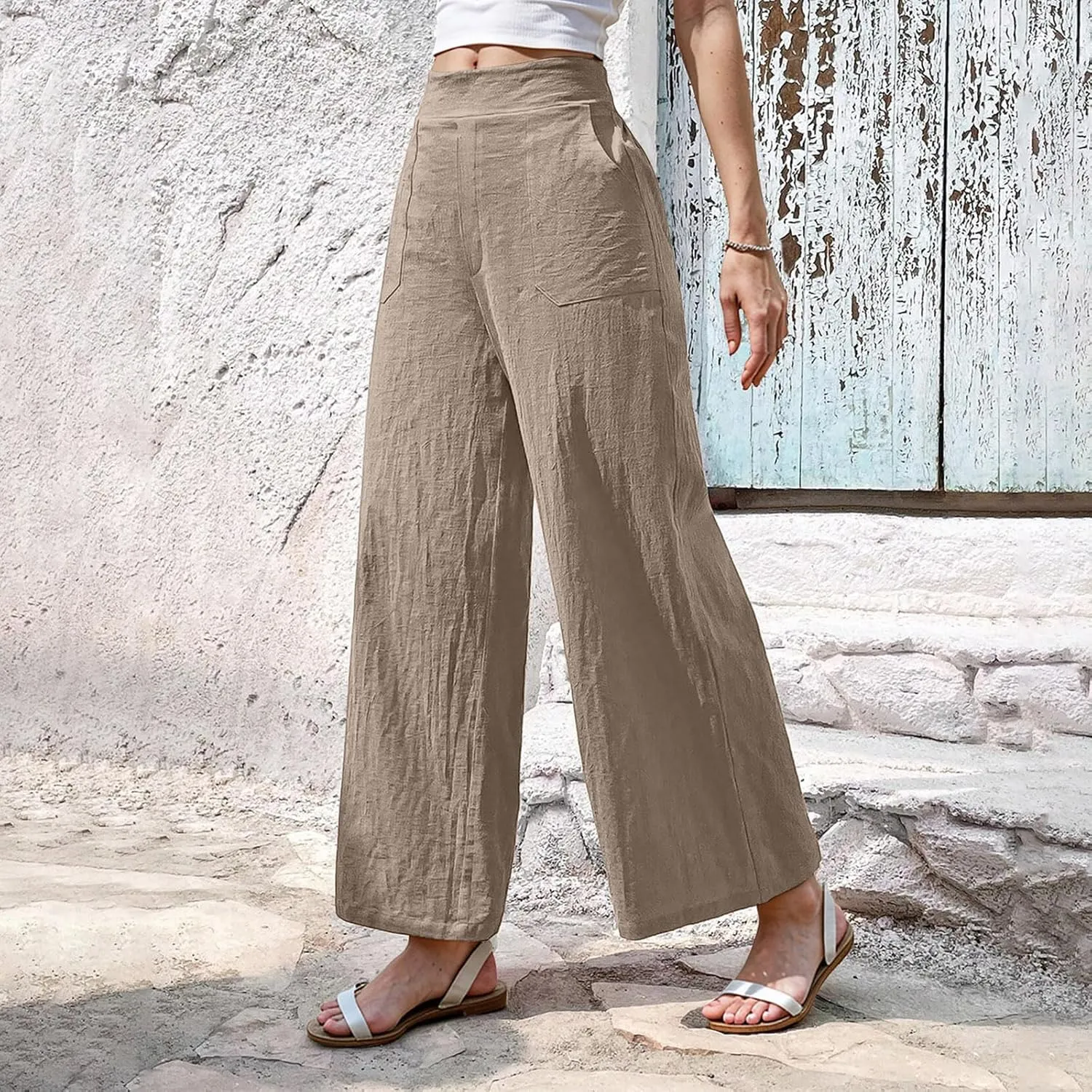 Women Linen Pants Summer Wide Leg Pants with Pockets Dressy Palazzo Pants Boho Flowy Beach Pants Dress Pants