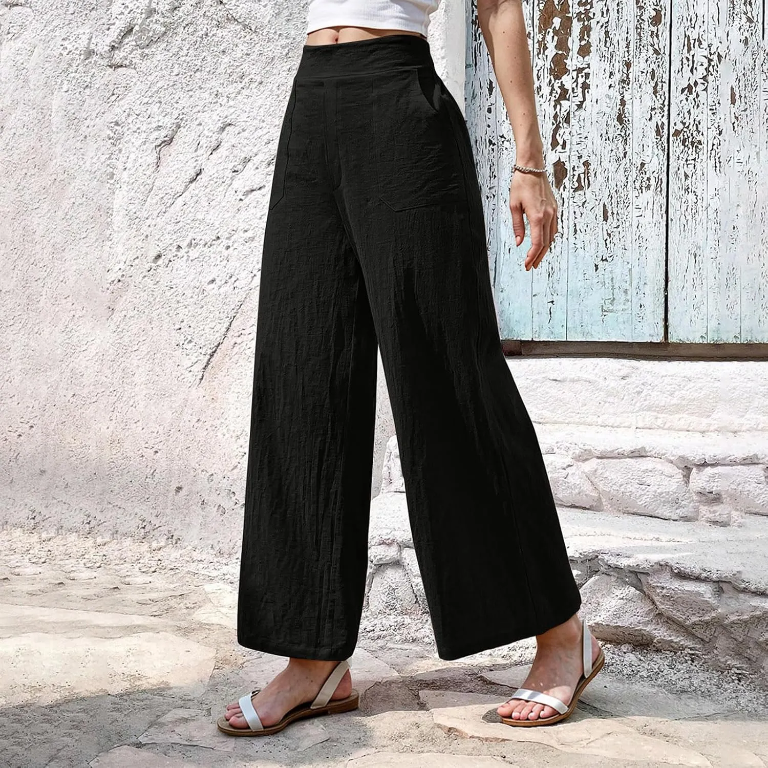 Women Linen Pants Summer Wide Leg Pants with Pockets Dressy Palazzo Pants Boho Flowy Beach Pants Dress Pants