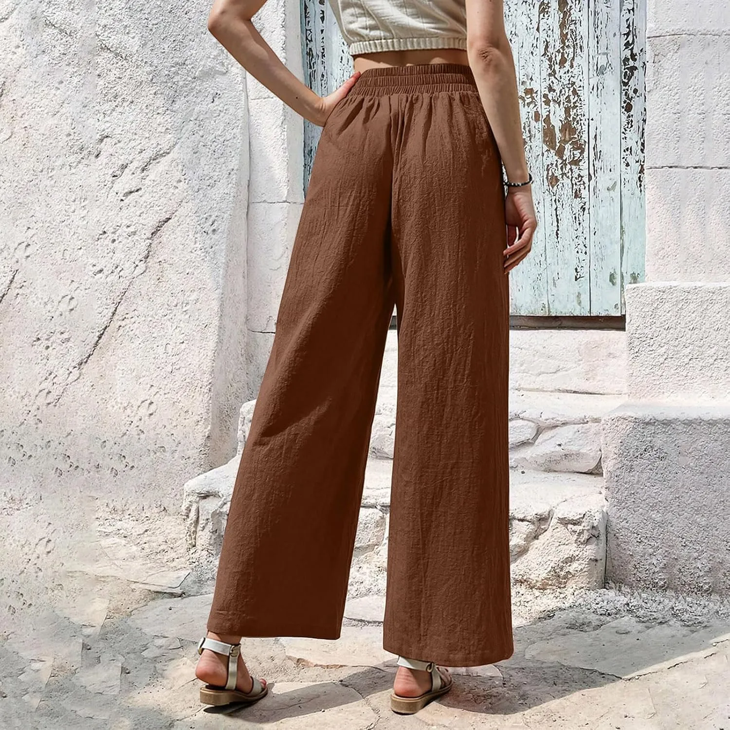Women Linen Pants Summer Wide Leg Pants with Pockets Dressy Palazzo Pants Boho Flowy Beach Pants Dress Pants