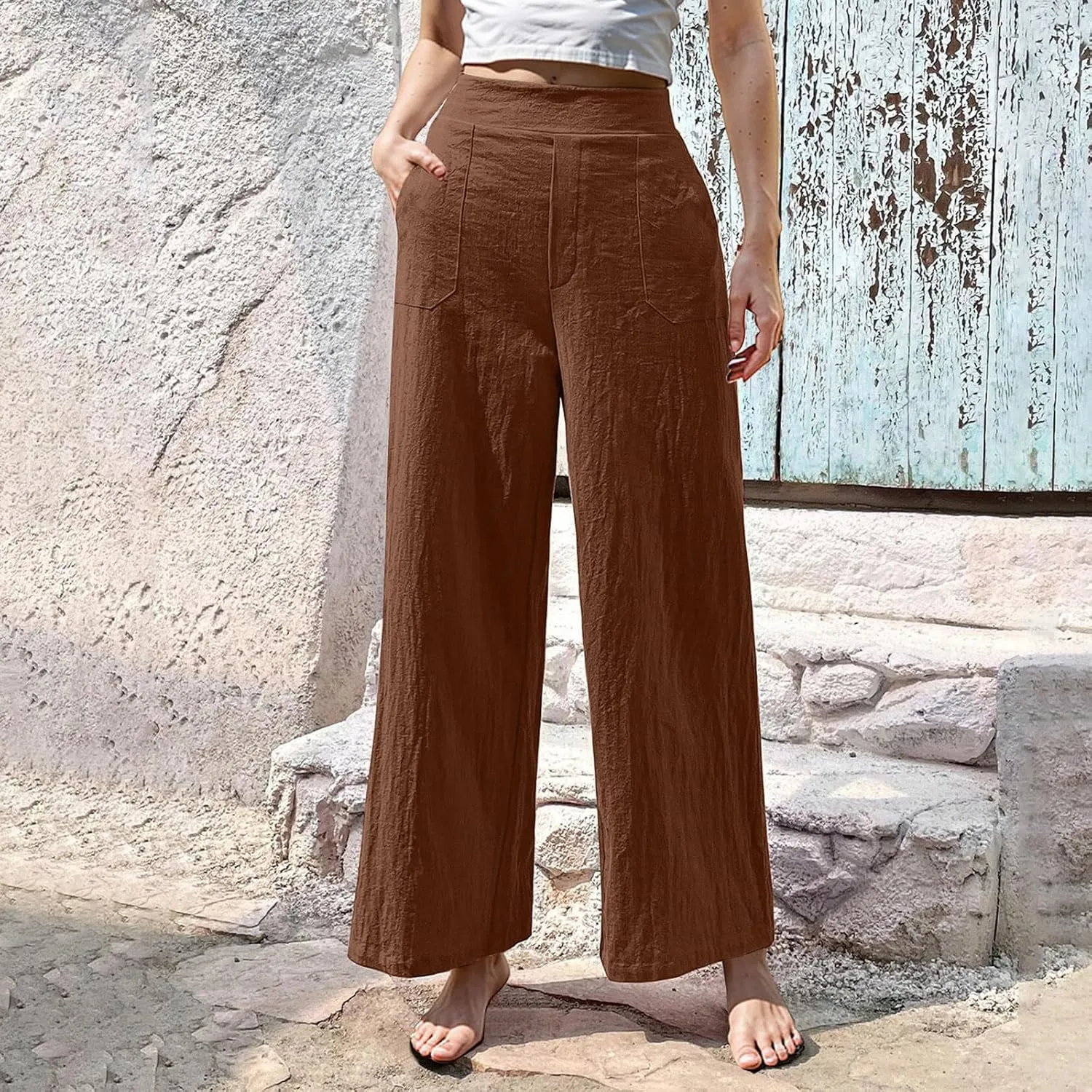 Women Linen Pants Summer Wide Leg Pants with Pockets Dressy Palazzo Pants Boho Flowy Beach Pants Dress Pants