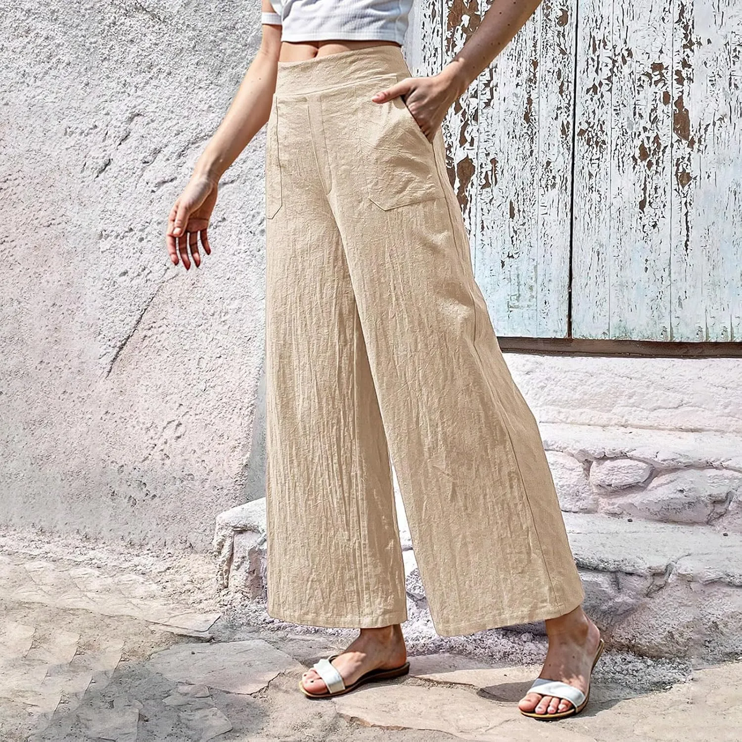 Women Linen Pants Summer Wide Leg Pants with Pockets Dressy Palazzo Pants Boho Flowy Beach Pants Dress Pants