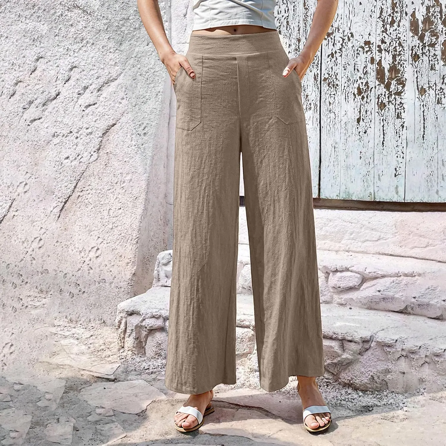 Women Linen Pants Summer Wide Leg Pants with Pockets Dressy Palazzo Pants Boho Flowy Beach Pants Dress Pants