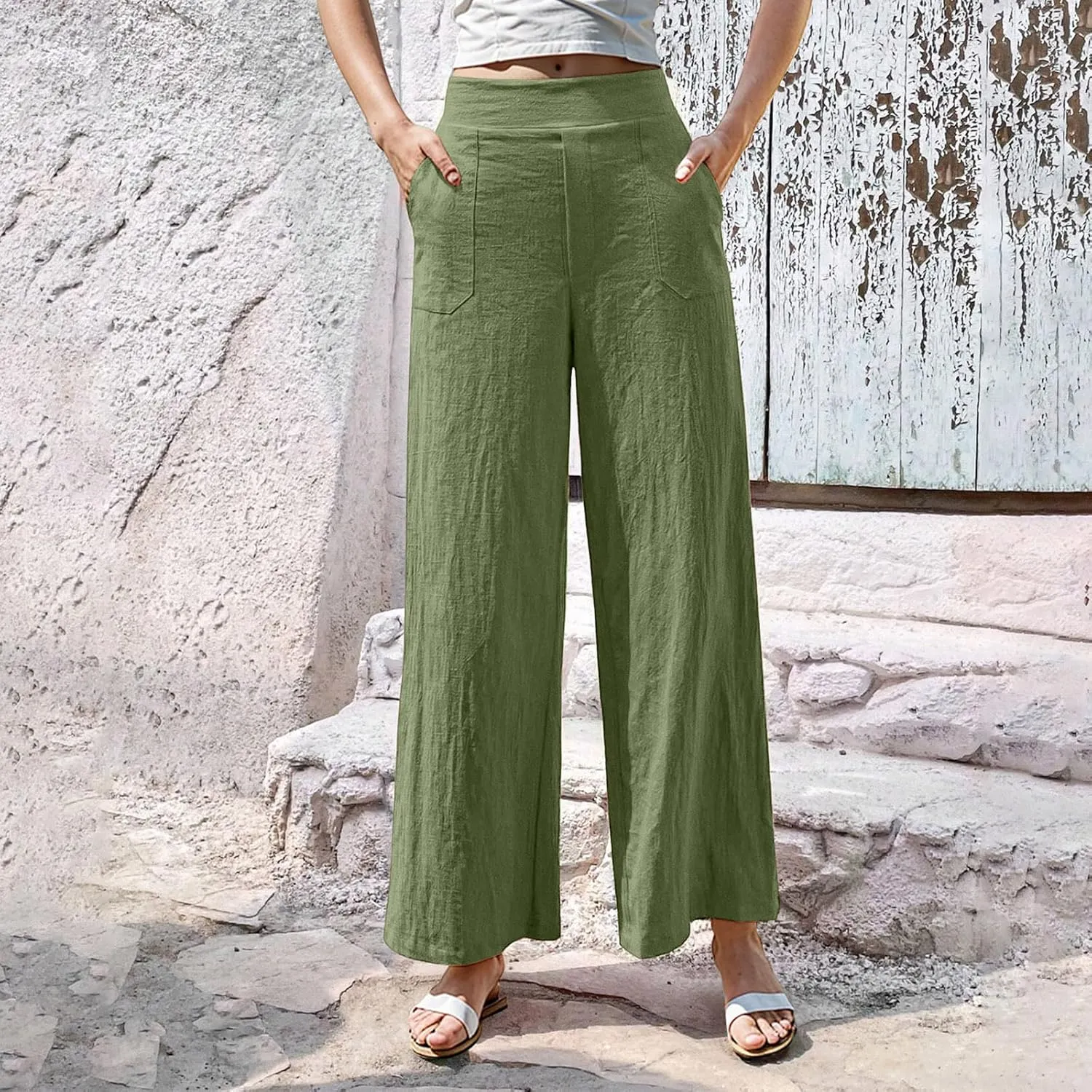 Women Linen Pants Summer Wide Leg Pants with Pockets Dressy Palazzo Pants Boho Flowy Beach Pants Dress Pants
