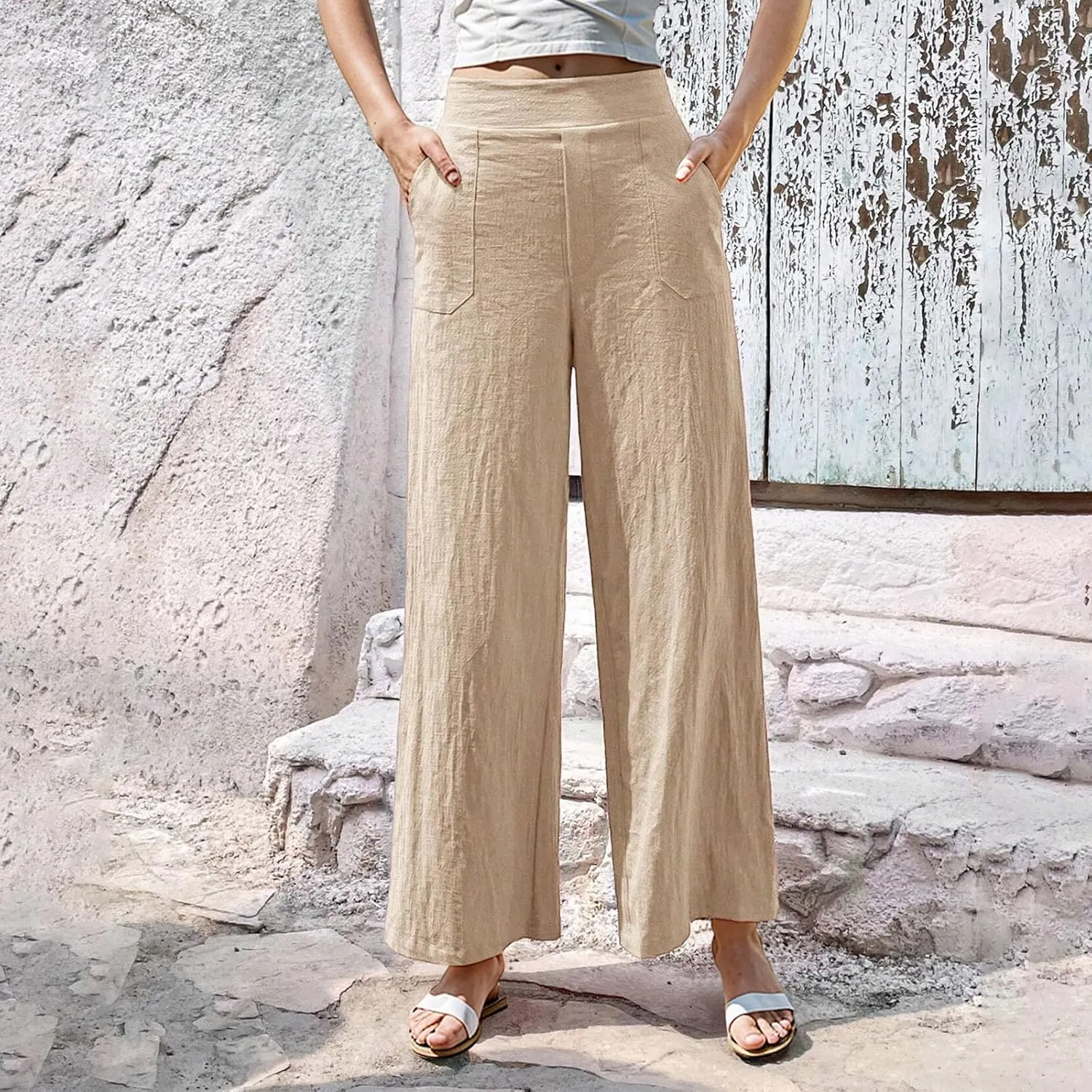 Women Linen Pants Summer Wide Leg Pants with Pockets Dressy Palazzo Pants Boho Flowy Beach Pants Dress Pants