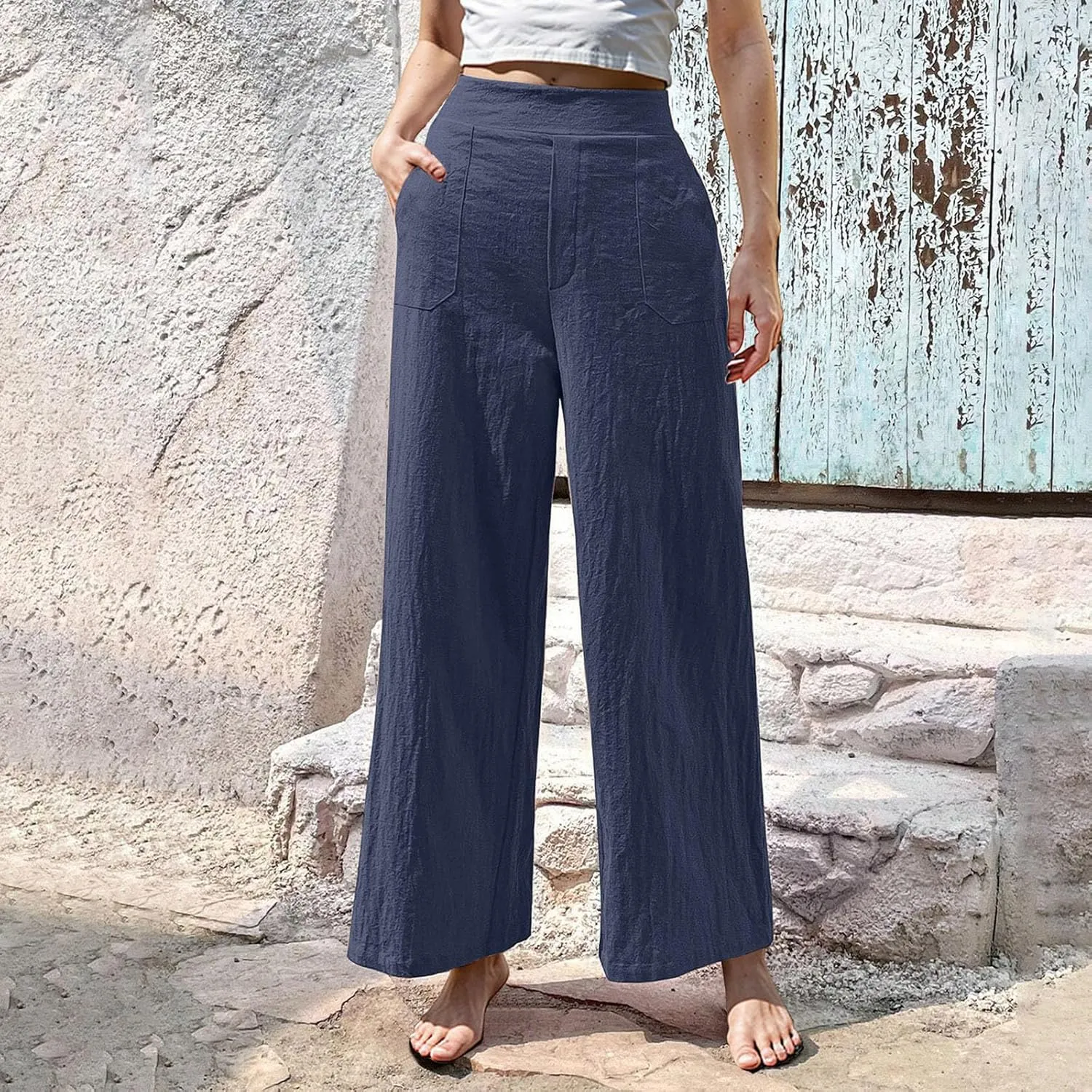Women Linen Pants Summer Wide Leg Pants with Pockets Dressy Palazzo Pants Boho Flowy Beach Pants Dress Pants