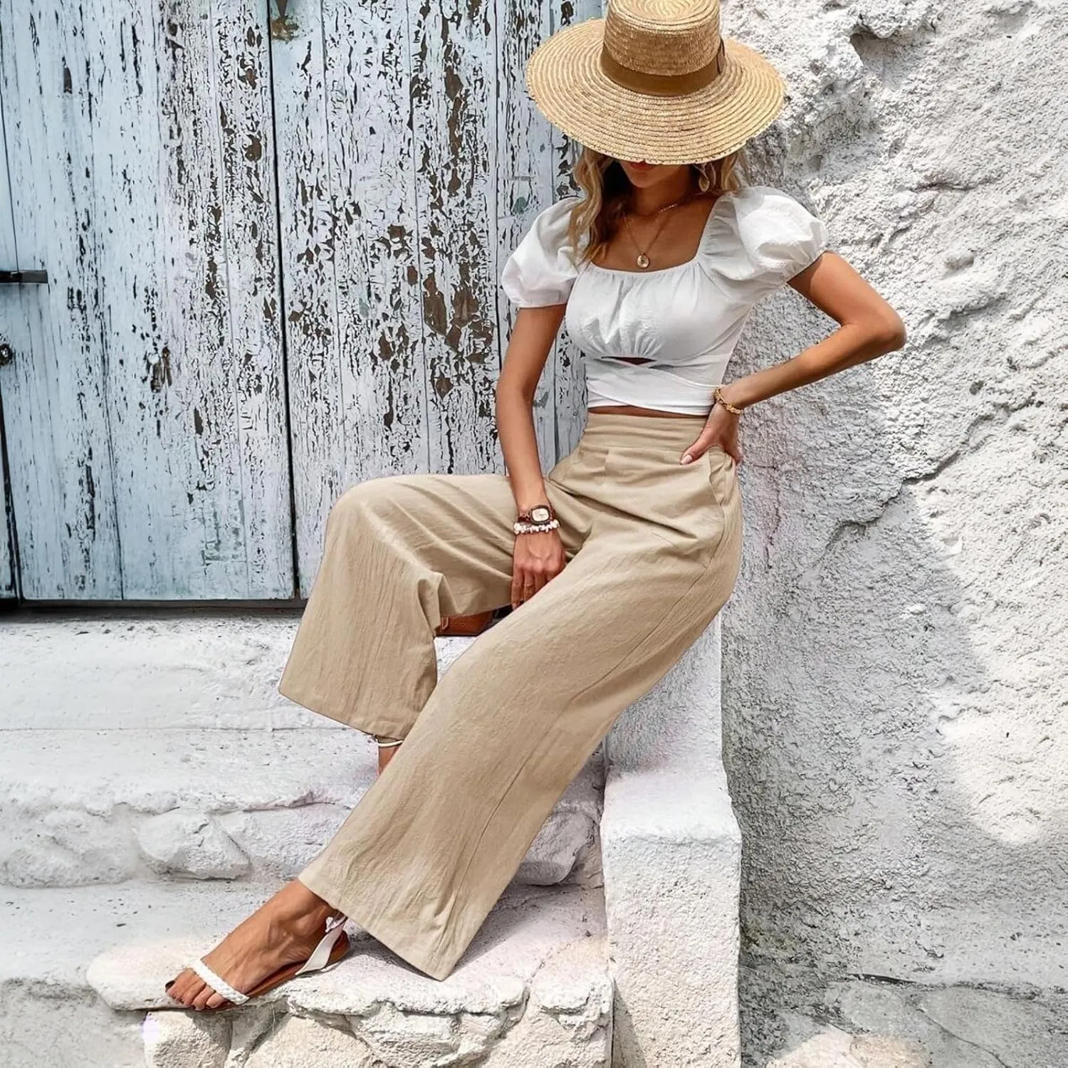 Women Linen Pants Summer Wide Leg Pants with Pockets Dressy Palazzo Pants Boho Flowy Beach Pants Dress Pants