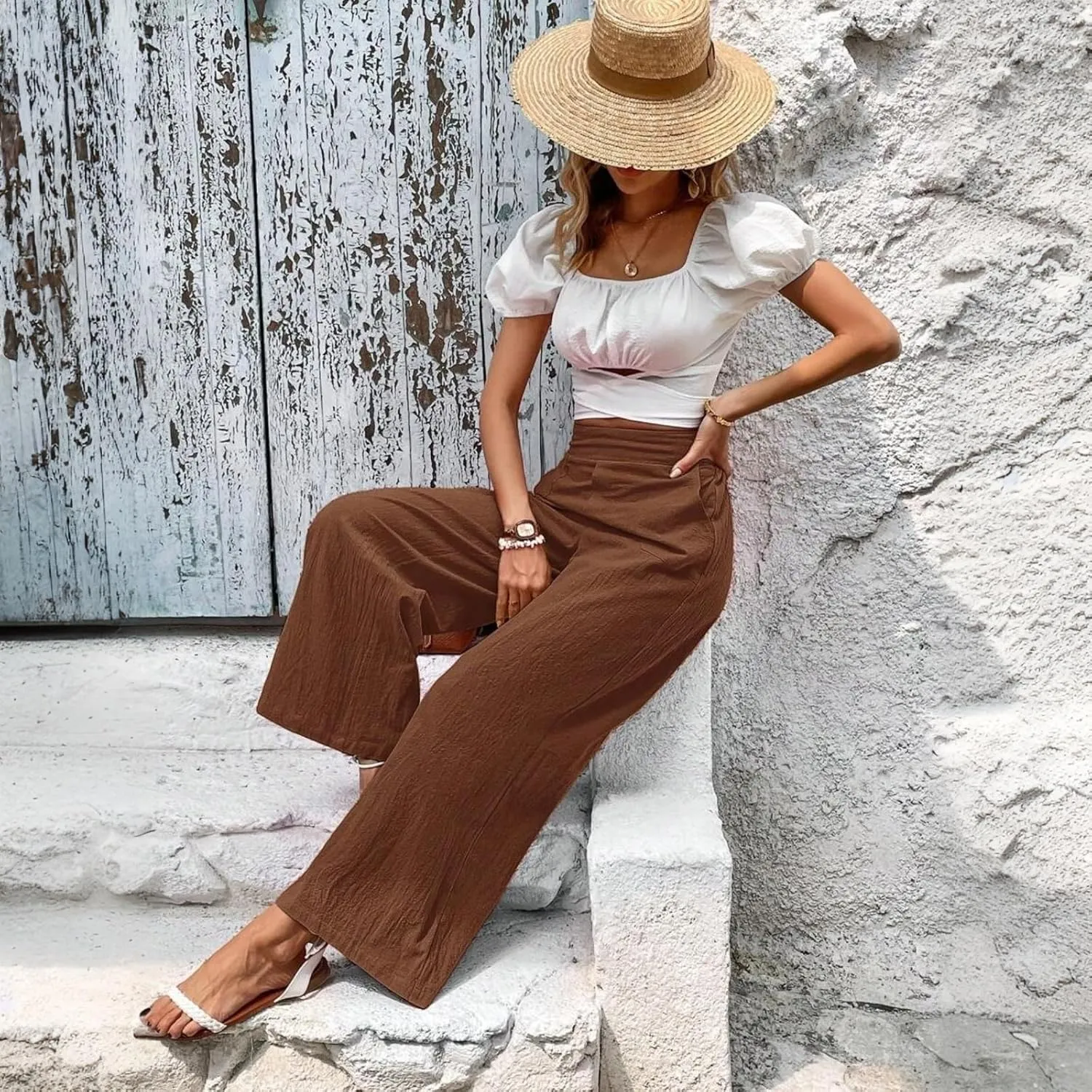 Women Linen Pants Summer Wide Leg Pants with Pockets Dressy Palazzo Pants Boho Flowy Beach Pants Dress Pants