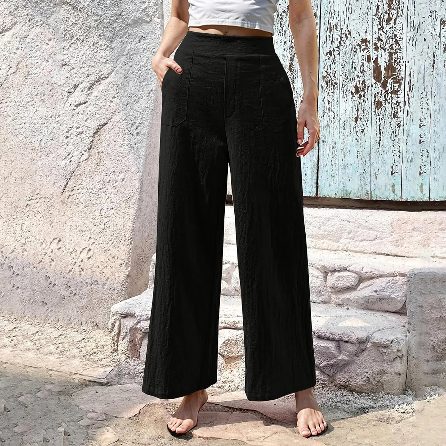 Women Linen Pants Summer Wide Leg Pants with Pockets Dressy Palazzo Pants Boho Flowy Beach Pants Dress Pants