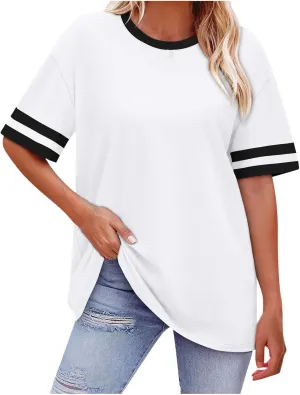 Women Oversized T Shirts Workout Short Sleeve Top Casual Loose Basic Tees Summer Trendy Crewneck Color Block Blouse 2025