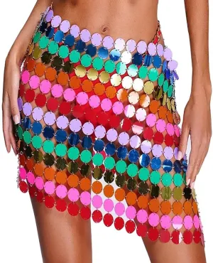Women Sequin Skirt See Through Crop Top Halter Body Chain Strappy Bra Tanks Hollow Out Swimsuit Wrap Bikini Cover Up