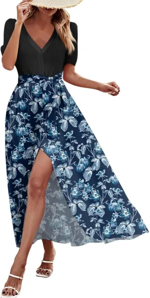 Women Summer 2025 Maxi Dress Vacation Floral Short Sleeve Casual Boho High Split Beach Cover Ups Long Flowy Sundress