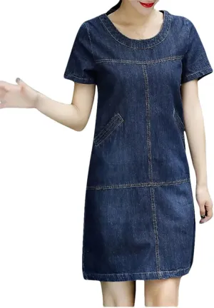 Women Summer Denim Loose O-Neck Short Sleeve Knee Length Pocket Versatile Jeans Dresses