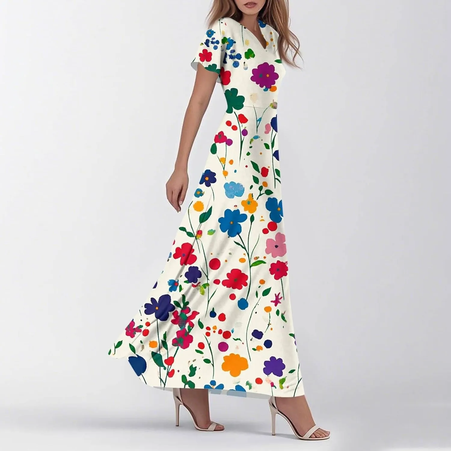 Women Summer Dresses 2025 Flowy Swing Beach Vacation Dress Floral Print Loose Maxi Dress Casual V Neck Short Sleeve Dress