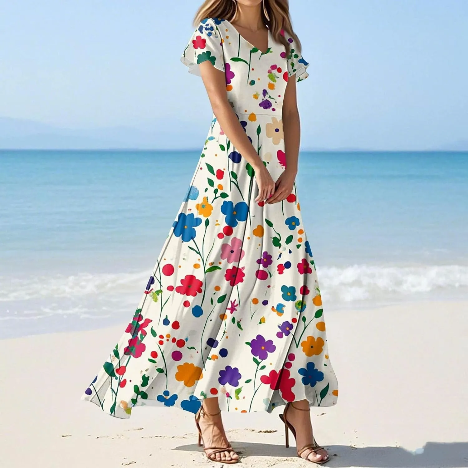 Women Summer Dresses 2025 Flowy Swing Beach Vacation Dress Floral Print Loose Maxi Dress Casual V Neck Short Sleeve Dress