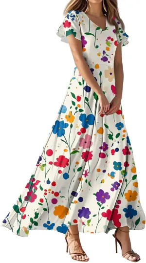 Women Summer Dresses 2025 Flowy Swing Beach Vacation Dress Floral Print Loose Maxi Dress Casual V Neck Short Sleeve Dress