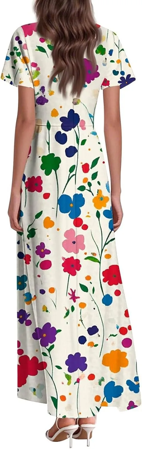 Women Summer Dresses 2025 Flowy Swing Beach Vacation Dress Floral Print Loose Maxi Dress Casual V Neck Short Sleeve Dress