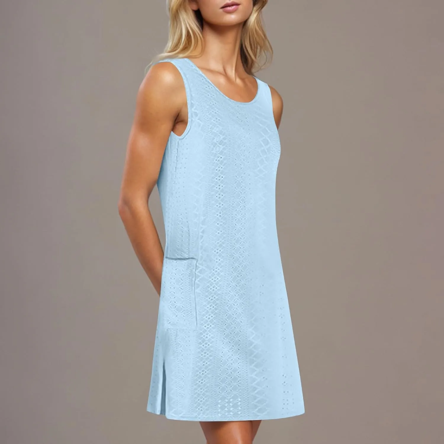 Women Summer Eyelet Tank Dresses with Pockets Casual Loose Crewneck Sleeveless Sundresses 2025 Trendy Beach Coverups