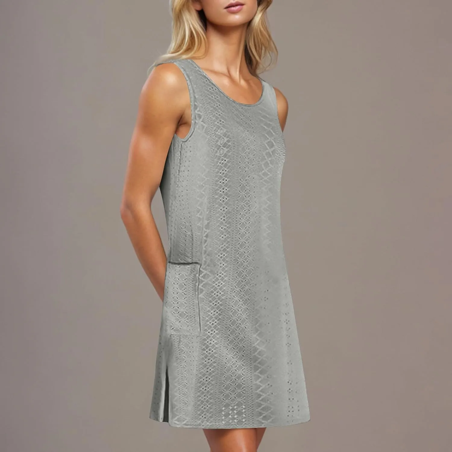 Women Summer Eyelet Tank Dresses with Pockets Casual Loose Crewneck Sleeveless Sundresses 2025 Trendy Beach Coverups