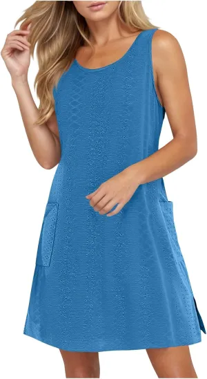 Women Summer Eyelet Tank Dresses with Pockets Casual Loose Crewneck Sleeveless Sundresses 2025 Trendy Beach Coverups