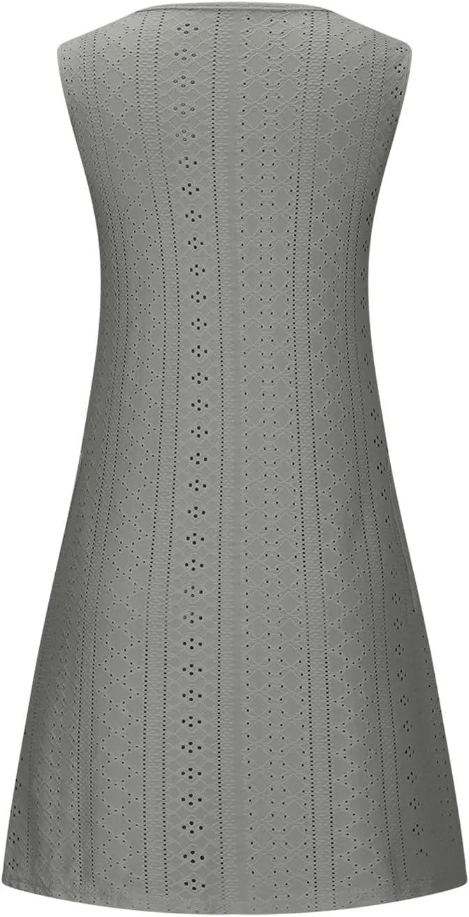 Women Summer Eyelet Tank Dresses with Pockets Casual Loose Crewneck Sleeveless Sundresses 2025 Trendy Beach Coverups
