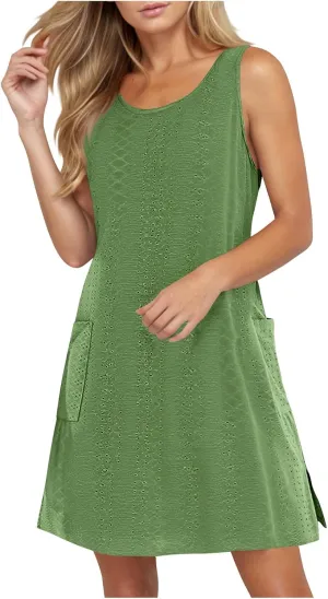 Women Summer Eyelet Tank Dresses with Pockets Casual Loose Crewneck Sleeveless Sundresses 2025 Trendy Beach Coverups