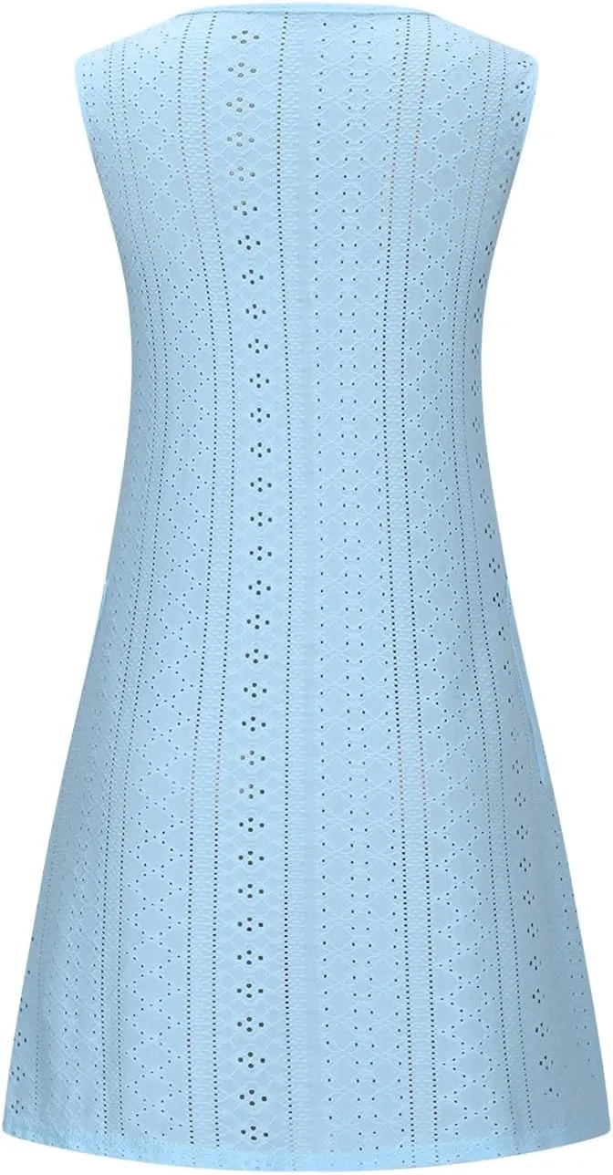 Women Summer Eyelet Tank Dresses with Pockets Casual Loose Crewneck Sleeveless Sundresses 2025 Trendy Beach Coverups