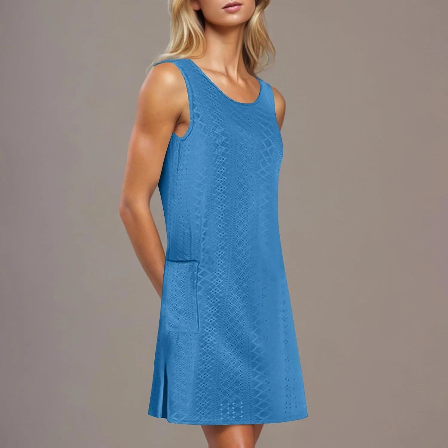 Women Summer Eyelet Tank Dresses with Pockets Casual Loose Crewneck Sleeveless Sundresses 2025 Trendy Beach Coverups