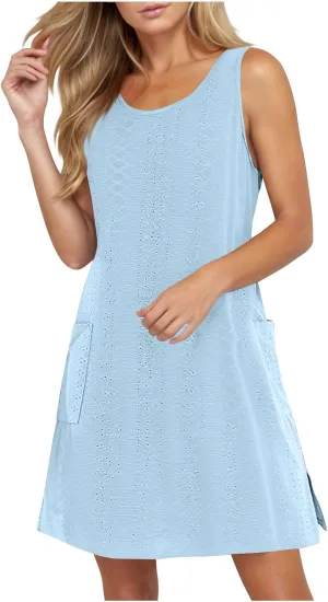Women Summer Eyelet Tank Dresses with Pockets Casual Loose Crewneck Sleeveless Sundresses 2025 Trendy Beach Coverups