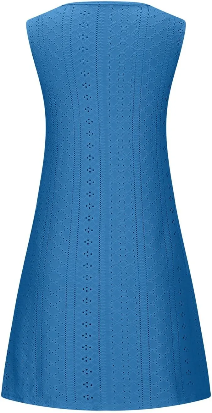 Women Summer Eyelet Tank Dresses with Pockets Casual Loose Crewneck Sleeveless Sundresses 2025 Trendy Beach Coverups