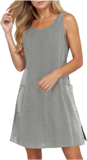 Women Summer Eyelet Tank Dresses with Pockets Casual Loose Crewneck Sleeveless Sundresses 2025 Trendy Beach Coverups