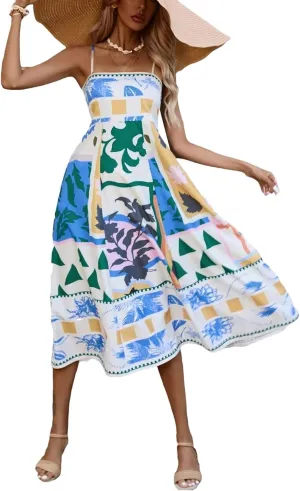 Women Tie Shoulder Graphic Boho Maxi Dresses Sleeveless Flowy A Line Dress Summer Vocation Graffiti Vacation Sundress