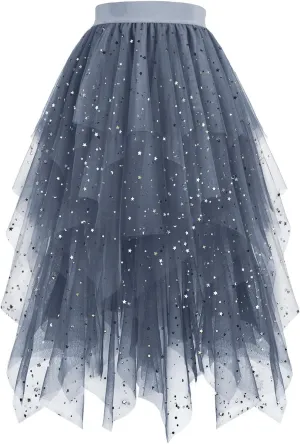 Women Tulle Skirts Glitter Elegant A Line Skirts High Waist Flowy Layered Mesh Fairy Skirts Midi Wedding Guest Skirts
