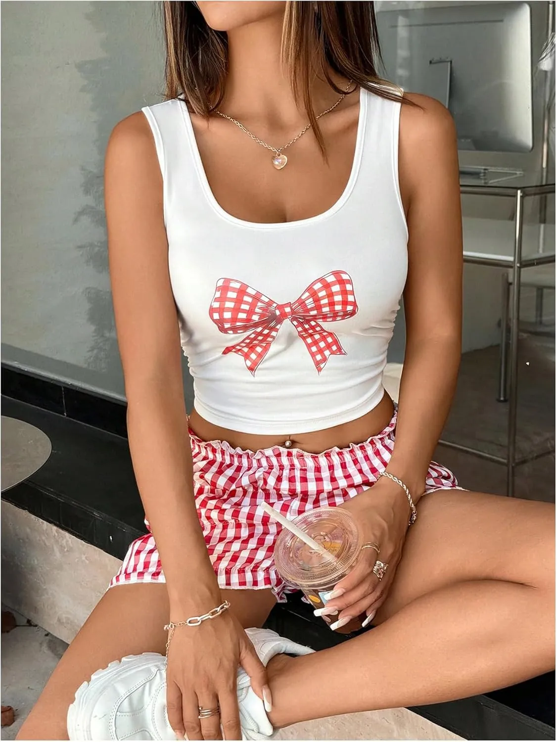 Women's 2 Piece Outfits Bow Graphic Crop Tank Top and Frill Bloomers Shorts Summer Outfits Trendy