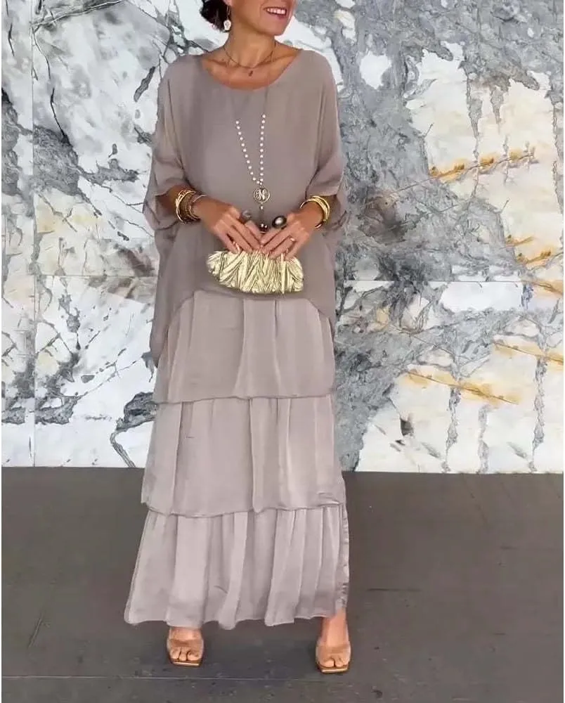 Women's 2 Piece Set Maxi Chiffon Dress Suits Crewneck Batwing Sleeve Plus Size Tiered Artistic Style Loose Dress