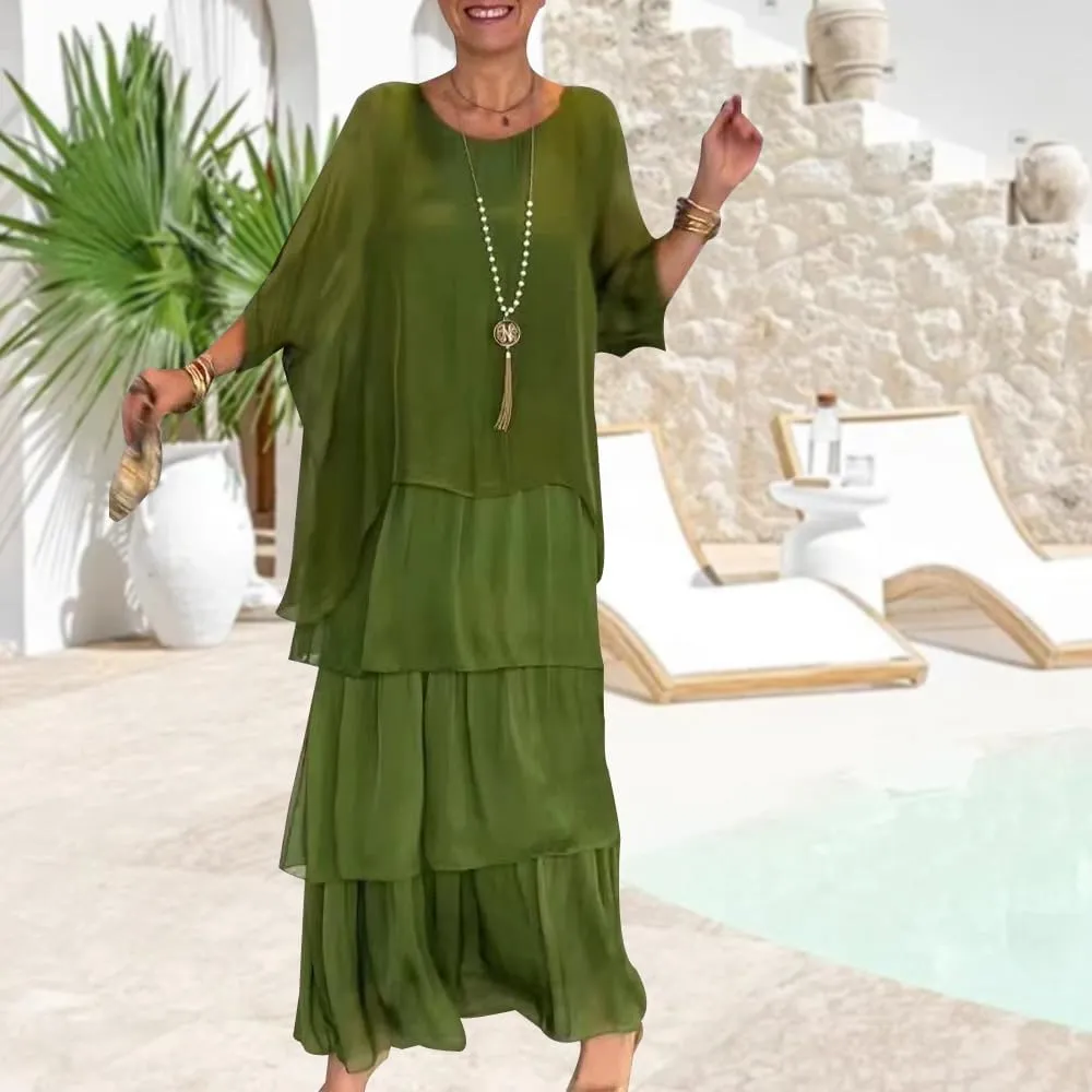 Women's 2 Piece Set Maxi Chiffon Dress Suits Crewneck Batwing Sleeve Plus Size Tiered Artistic Style Loose Dress