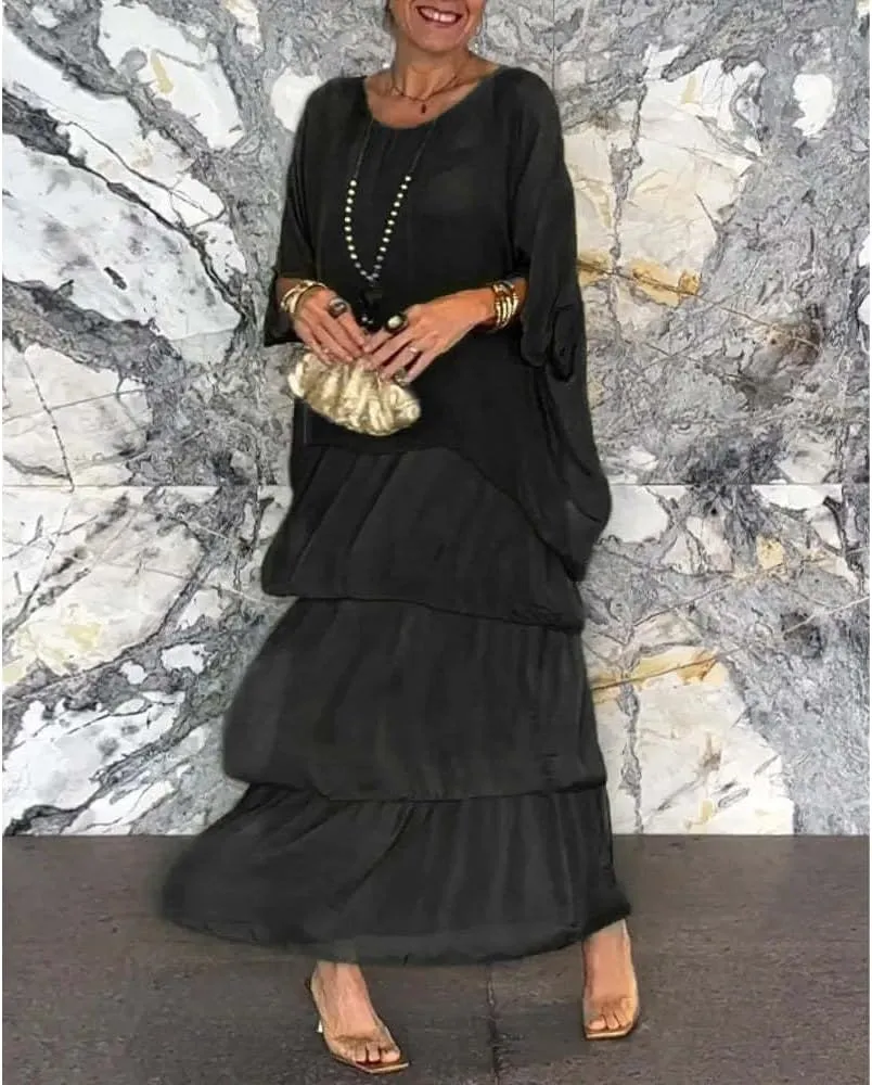Women's 2 Piece Set Maxi Chiffon Dress Suits Crewneck Batwing Sleeve Plus Size Tiered Artistic Style Loose Dress