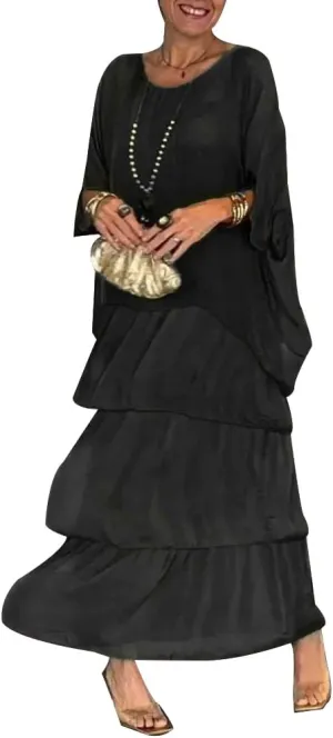 Women's 2 Piece Set Maxi Chiffon Dress Suits Crewneck Batwing Sleeve Plus Size Tiered Artistic Style Loose Dress