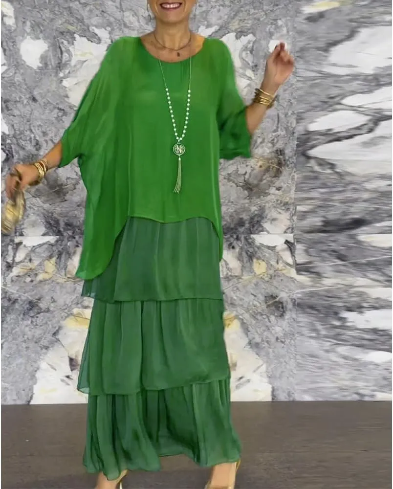 Women's 2 Piece Set Maxi Chiffon Dress Suits Crewneck Batwing Sleeve Plus Size Tiered Artistic Style Loose Dress