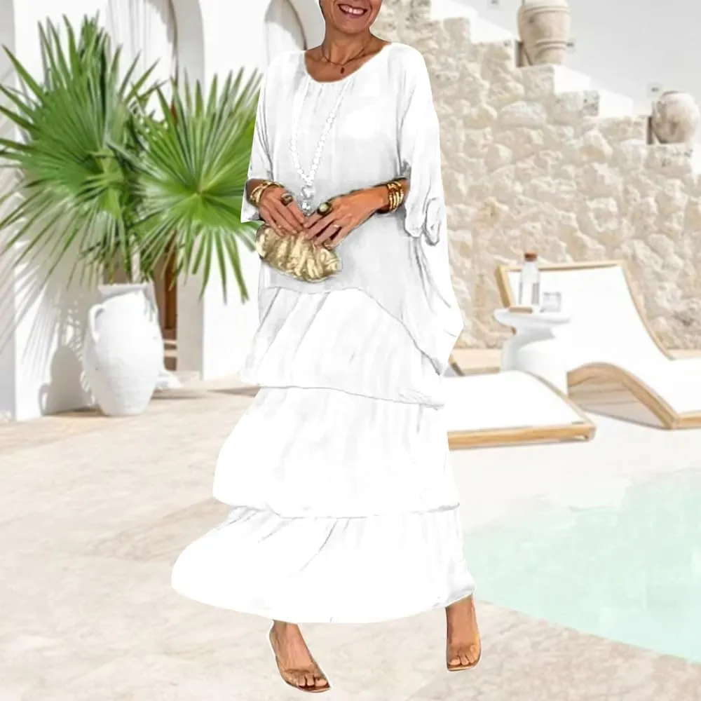 Women's 2 Piece Set Maxi Chiffon Dress Suits Crewneck Batwing Sleeve Plus Size Tiered Artistic Style Loose Dress
