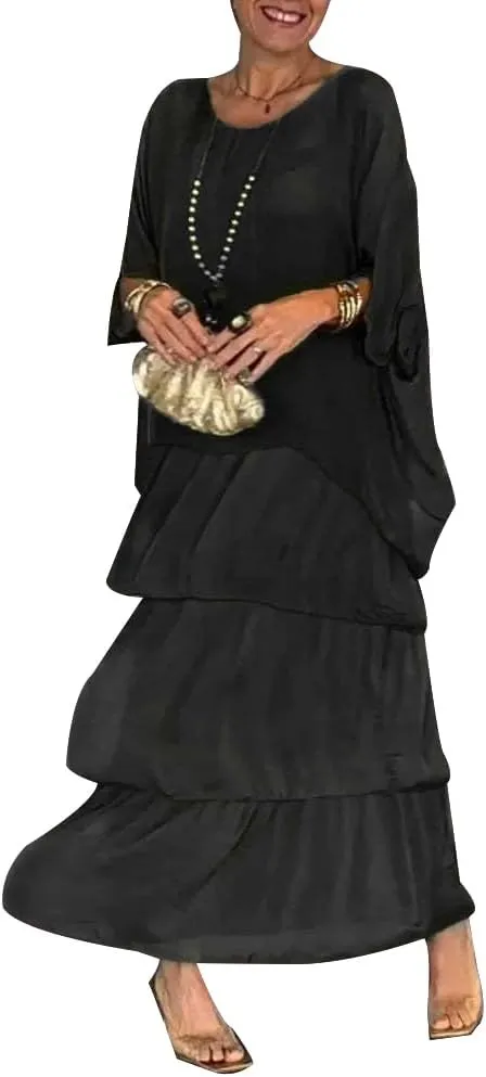 Women's 2 Piece Set Maxi Chiffon Dress Suits Crewneck Batwing Sleeve Plus Size Tiered Artistic Style Loose Dress